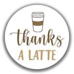 Round thank-you sticker with a coffee cup illustration