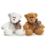 Two teddy bears with plaid bows, one white and one brown