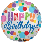 Round birthday balloon with colorful polka dots and "Happy Birthday" text