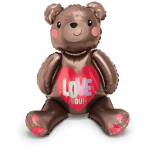 Brown teddy bear balloon holding a heart that says Love You