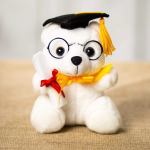 White plush bear with glasses in a graduation cap holding a diploma and wearing yellow and red ribbons