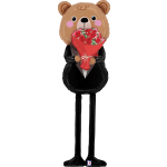Bear-shaped balloon holding a bouquet of red flowers