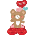 Teddy bear balloon with heart-shaped balloons and "LOVE YOU!" text