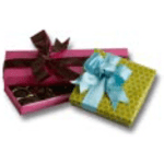 Two wrapped gift boxes with bows, one open to reveal chocolates