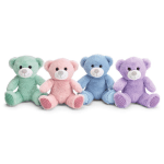 Four pastel teddy bears sitting in a row