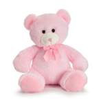 Pink teddy bear with a ribbon bow sitting on a white background