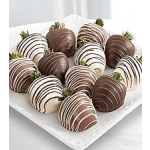 Tray of chocolate-covered strawberries with white and dark drizzle