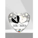 Heart-shaped "Mr & Mrs" wedding balloon with tuxedo and dress graphics