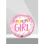 Pink foil balloon reading "Baby Girl" with confetti dots