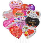 Heart-shaped Valentine balloons with assorted pink, red, and black designs