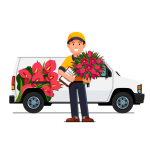 Cartoon flower delivery driver holding a pink bouquet in front of a white van with floral graphics