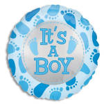 Round blue and white balloon with "It's A Boy" text and baby footprints