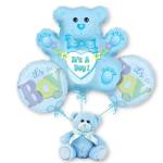 Blue baby boy balloon bouquet with a teddy bear plush