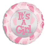 Pink and white balloon with footprints and the words "It's A Girl"