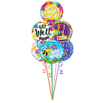 Cluster of colorful get well soon balloons with ribbons