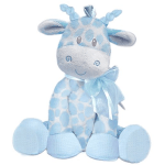 Light blue and white plush giraffe with a satin bow around its neck