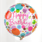 Round foil balloon with "Happy Birthday" text and colorful polka dots