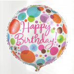 Round birthday balloon with colorful polka dots and pink text