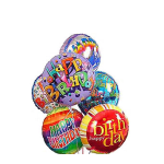 Cluster of colorful birthday balloons with printed messages