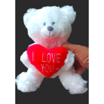 White teddy bear holding a red heart with "I LOVE YOU" text