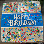 Happy Birthday foil balloon with colorful confetti pattern