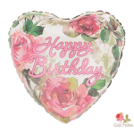 Heart-shaped floral birthday balloon with pink "Happy Birthday" text