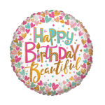 Round birthday balloon with colorful hearts and the words Happy Birthday Beautiful
