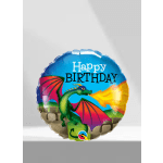 Round birthday balloon with a green dragon and colorful wings