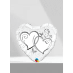 Heart-shaped white balloon with gray swirls and two outlined hearts
