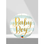 Round foil balloon reading "Baby Boy" in blue and gold
