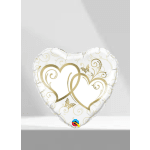 Heart-shaped white balloon with gold swirls and interlocking hearts
