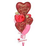 Cluster of heart-shaped Valentine’s Day balloons in red, pink, and gold
