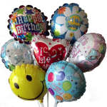 Assorted colorful message balloons for birthdays, love, get well, and new baby celebrations.