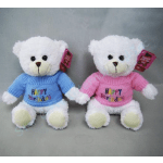 Two teddy bears in blue and pink birthday sweaters