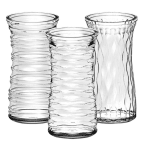 Three clear glass vases with ribbed and wavy textures