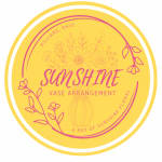 Yellow circular label with pink floral line art and the words "Sun Shine Vase Arrangement"
