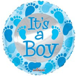 Round foil balloon with blue footprints and the words "It's a Boy" in blue letters