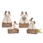 Set of four mother-and-child angel figurines on wooden bases with sentimental messages about moms.