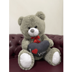 Gray teddy bear holding a heart pillow that says I love you