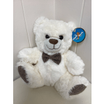 White teddy bear with a brown bow tie and paw pads