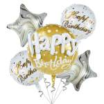 Birthday balloon bouquet with gold, white, and star-shaped balloons