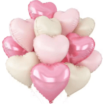 Cluster of heart-shaped pink and cream balloons