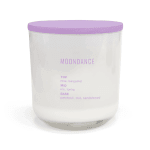 Lavender-lidded glass candle jar with printed scent notes