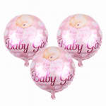 Three pink baby girl balloons with teddy bear graphics
