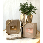 Gift boxes of salted caramels beside a potted fern