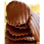 Stack of chocolate-covered sandwich cookies with scalloped edges