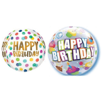 Two birthday balloons with colorful polka dots and "Happy Birthday" text