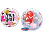 Two clear balloons with heart and love-you designs