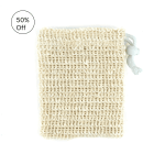 Beige knitted drawstring pouch on a white background