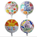 Four round get-well balloons with colorful messages